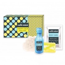 Подарочный набор Happy Box: молочко, мыло, соль для ванны, мочалка от Кафе Красоты Le Cafe de Beaute - Набор: молочко для тела «Увлажняющее», 150 мл + твердое глицериновое мыло ручной работы, 100 г + шипучая соль для ванны Antistress, 100 г + мочалка